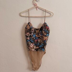 Topshop Women’s Bodysuit Sequin Floral sheer festival top shirt tank size 8